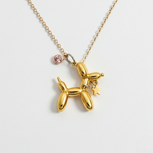 Custom Stainless Steel Balloon Dog Pendant Necklace with Pink Zirconia and Star Charm